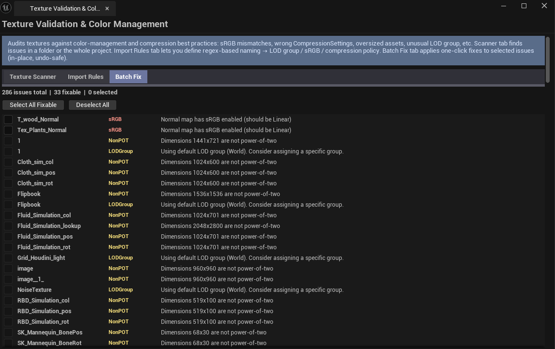 Screenshot 02 — Batch Fix — Several issues selected with checkboxes, Fix Selected button highlighted, mixed issue types visible.