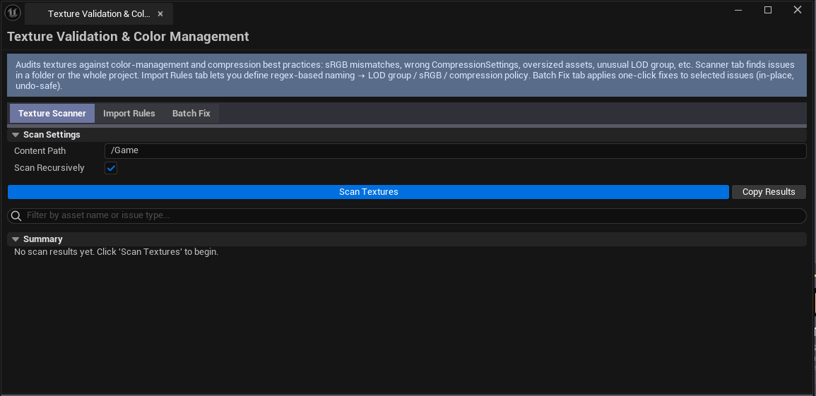 Screenshot 01 — Hero shot — Tool open on Texture Scanner tab, scan results showing mix of sRGB / Compression / NonPOT / LOD issues with severity coloring.