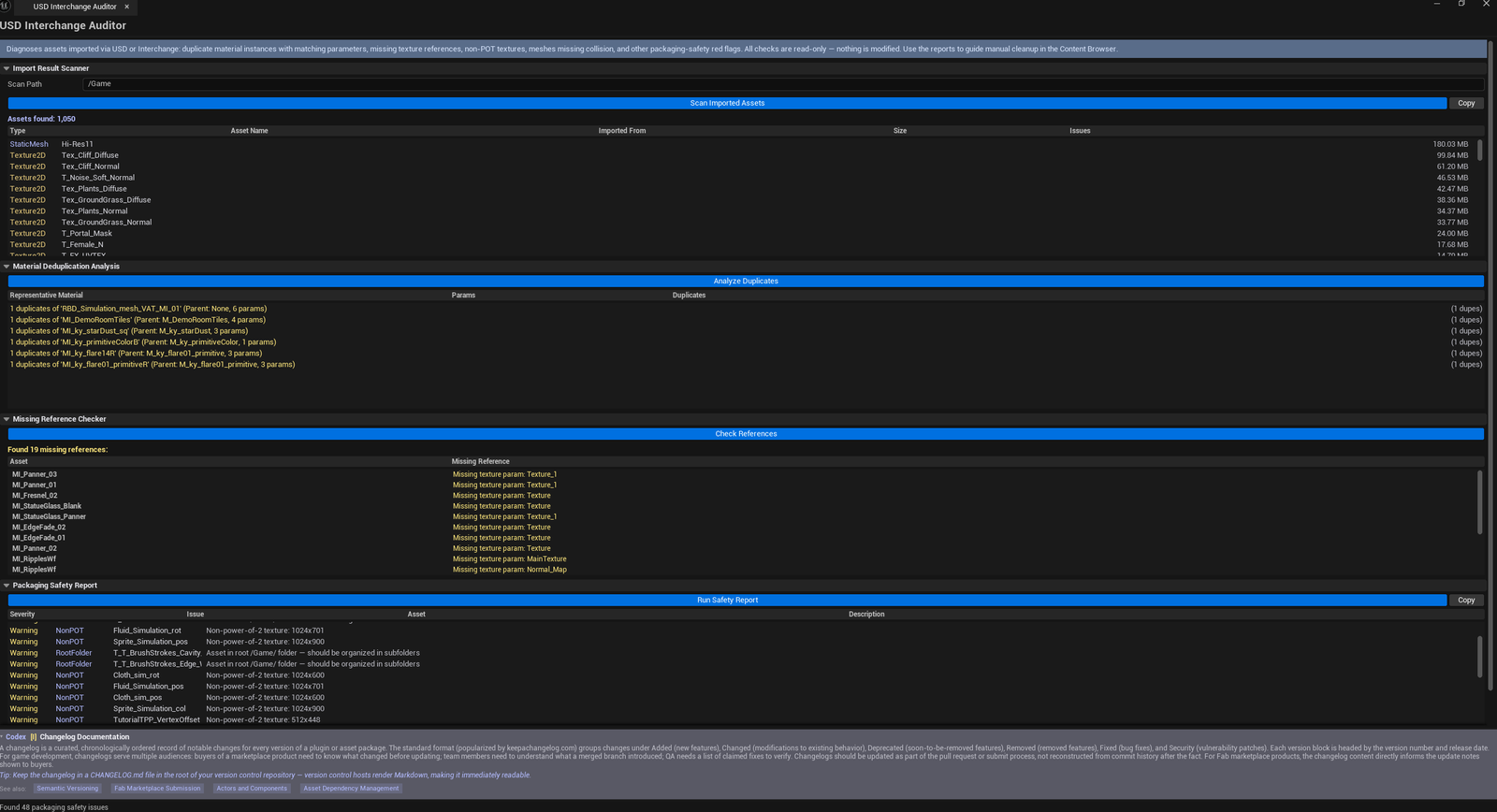 Screenshot 01 — Hero shot — Repair kit with all four scans run, mixed entries across Imported Assets / Duplicate Groups / Missing Refs / Safety Issues.
