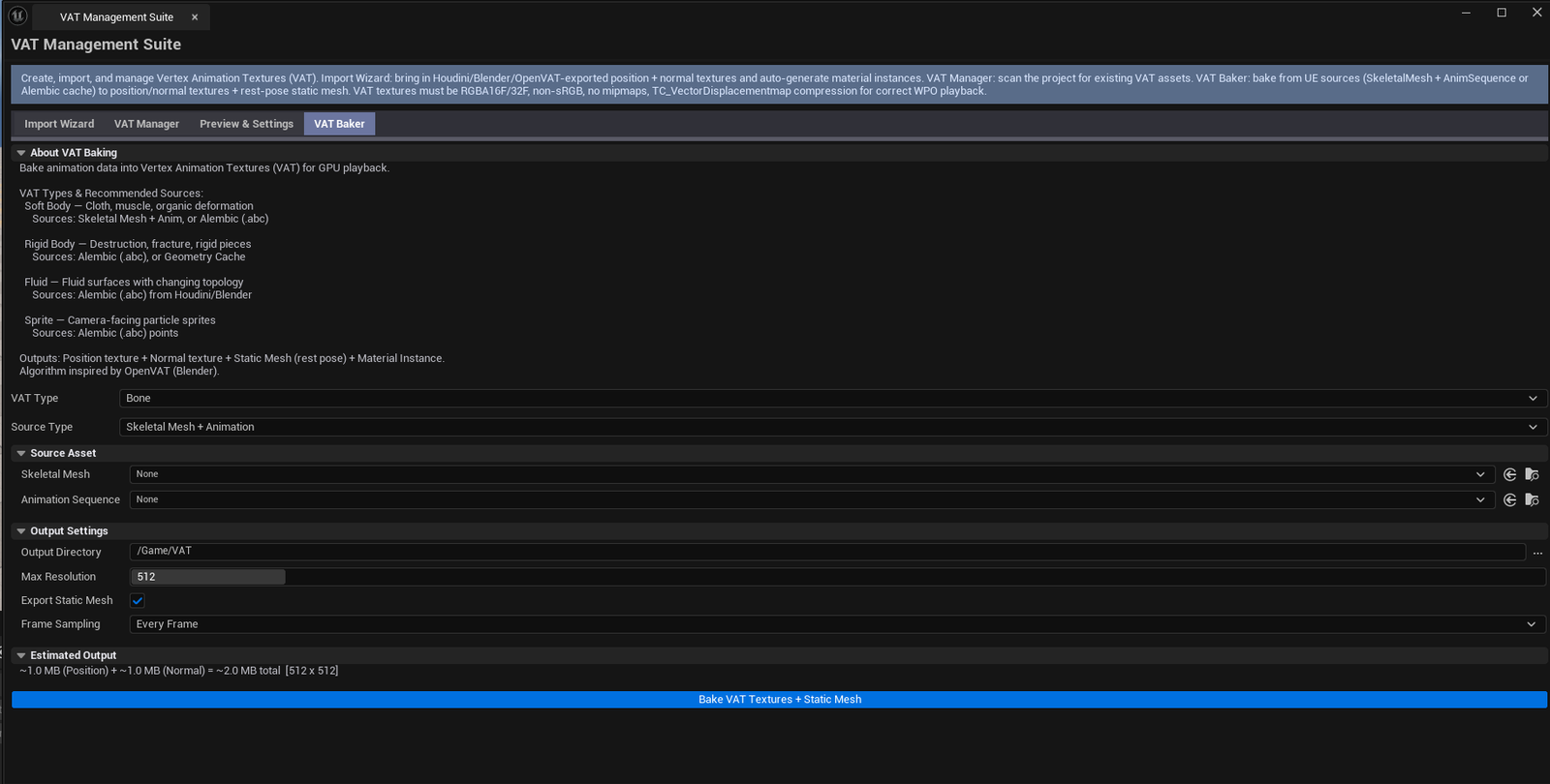 Screenshot 05 — Bone VAT bake in progress — Baker tab with a SkeletalMesh + AnimSequence loaded, progress dialog visible during the bake, output path field showing where the asset set will land.