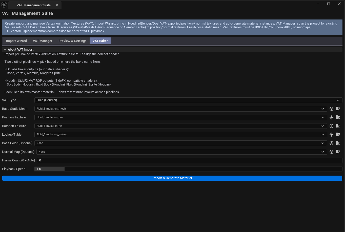 Screenshot 04 — VAT Management dashboard — Tab 2 showing a populated project-wide VAT inventory — multiple VAT assets with type, path, frame count, and per-row Open / Regenerate Material actions.