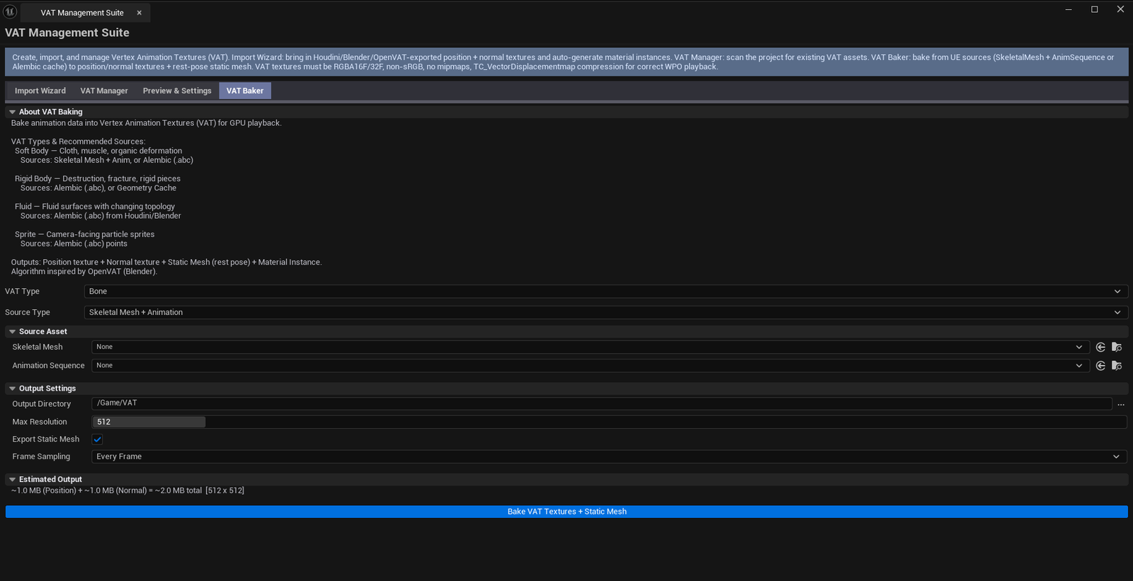 Screenshot 01 — Hero shot — Suite open on VAT Baker tab with a SkeletalMesh + AnimSequence source loaded, viewport showing baked VAT preview.