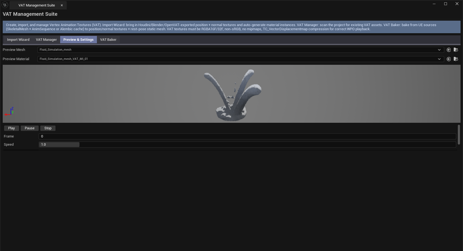 Screenshot 03 — Houdini Fluid VAT import + playback — Import Wizard configured for Fluid type — Position + Normal + Lookup textures bound, base mesh loaded, preview viewport playing the imported simulation back inside the editor.