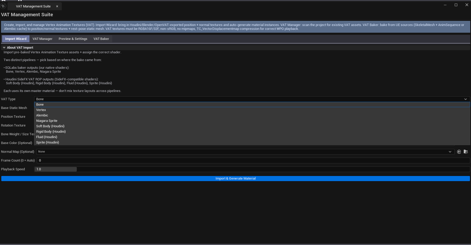 Screenshot 02 — Import Wizard — Tab 1 with Houdini-baked Bone VAT data loaded across all required slots.