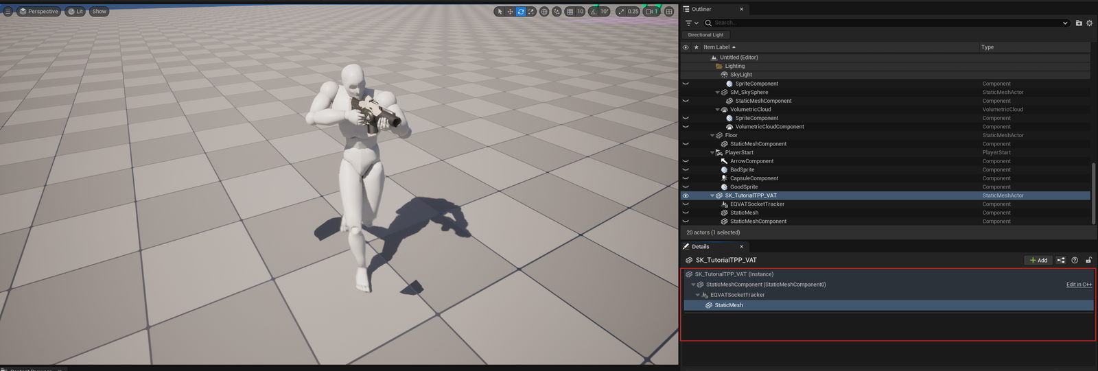 Screenshot 06 — Runtime socket tracker — Level viewport with an actor following a baked Bone-VAT bone in real time via the runtime tracker component. Tracker properties visible in the Details panel showing the bound socket name + animation phase.