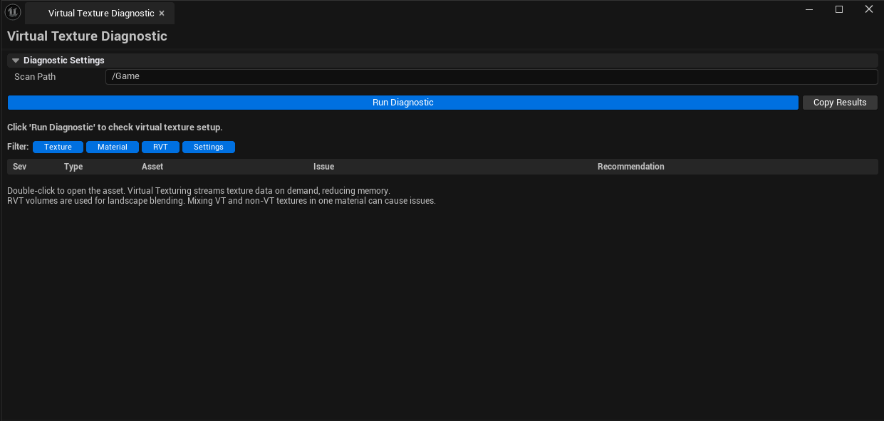 Screenshot 01 — Hero shot — Diagnostic after run, mix of texture / material / RVT entries with severity coloring, memory stats visible.
