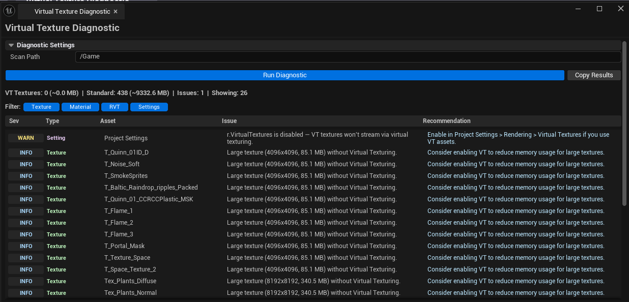 Screenshot 02 — Material mixing — Issue list showing a "Material mixes VT and non-VT textures" warning.