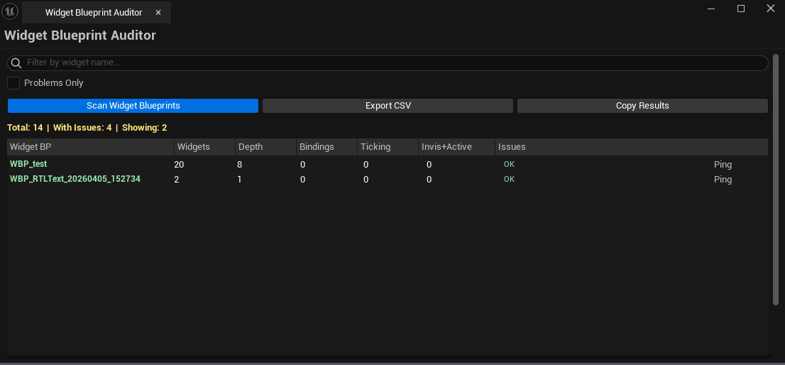 Screenshot 01 — Hero shot — Auditor after scan, mixed Critical / Warning / Good widget BPs visible with column for each metric.